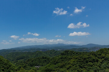 Wide view of layered green mountains under a vibrant blue sky with scattered clouds, showcasing Taiwan&rsquo;s natural forest landscape in summer