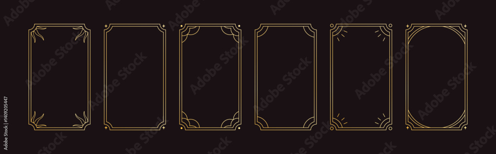 Poster Golden line art frames set. Linear rectangle vertical borders. Decorative contour for card backgrounds. Gold framework decoration, lineart premium style ornament, decor. Flat vector illustration