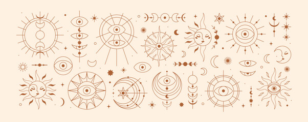 Sun, moon, lunar elements, orbits, astrology symbols set. Celestial mystic magic crescent, star in spiritual esoteric style, cosmic occult psychic line art. Isolated flat vector illustrations © Good Studio