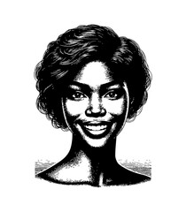 Smiling African American Woman Portrait in Engraved Style with Happy Expression