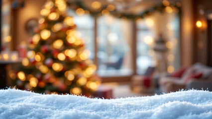 A festive backdrop features an elegantly decorated Xmas tree as a blurred background with sparkling lights and bokeh effects, conveying a joyous holiday mood