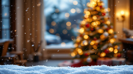 A festive backdrop features an elegantly decorated Xmas tree as a blurred background with sparkling lights and bokeh effects, conveying a joyous holiday mood