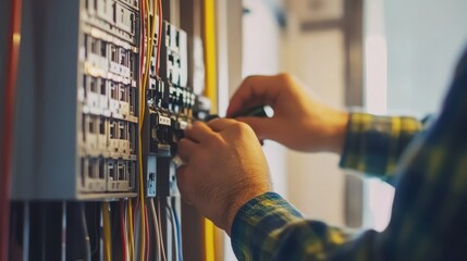 Electrician installing a breaker panel in a basement. Featuring precision and technical skill