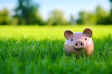 A lush green meadow field with grass and a lawn set against a clear blue sky featuring a piggy bank or piggybank represents a plan for saving money and achieving retirement freedom and