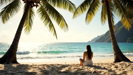 Obraz premium Woman enjoys a quiet moment on a tropical beach at sunset with palm trees swaying in the gentle breeze