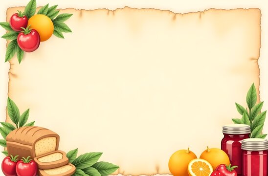 Collage Background with Bread Greens and Jam Jars in Buttery Beige and Rhubarb Red for Local Farmers Market and Produce Branding