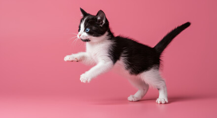 A charming black and white kitten is caught midair in a lively leap against a vibrant pink backdrop.