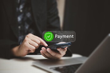 Secure online payment, Digital banking, Payment successful, Fintech solutions for seamless transactions and data protection, Online banking, Businessman authorizes an online payment via smartphone.
