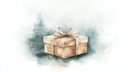 A beautifully wrapped gift box sits against a soft, watercolor background, evoking a sense of warmth and celebration.