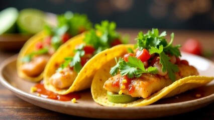 Satisfying fish tacos topped with fresh vegetables and herbs served on a rustic plate