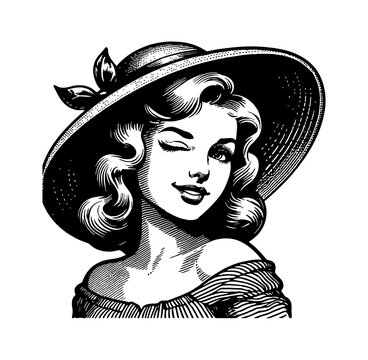 recommend clip art: Beautiful Woman Winking Eye with Smiling in Vintage Hat Black and White Detailed Drawing