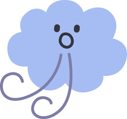 바람,구름 캐릭터,감성 이모티콘,바람 부는 날씨,플랫 스타일,귀여운 일러스트,휘날리는 선,움직임 표현,자연 요소,심플한 날씨 아이콘