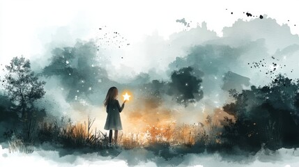 Obraz premium A silhouette of a girl holding a glowing star stands amidst a misty, atmospheric landscape with dark trees and a dreamy background.