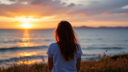 The overall composition captures a moment of serene beauty, inviting the viewer to imagine the individual's thoughts as they witness the end of the day.