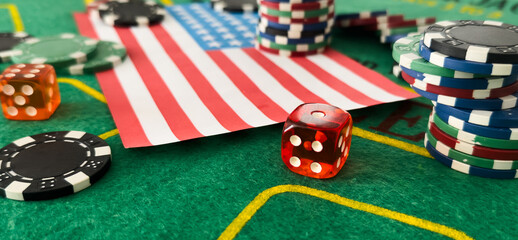 poker chips, usa flag on blackjack table