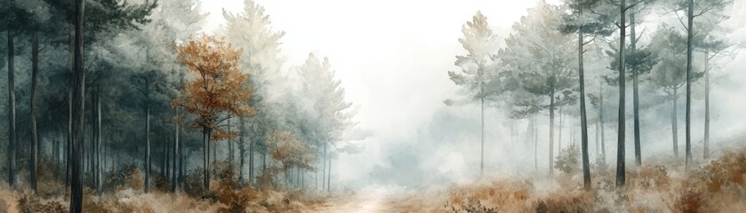 A serene forest scene with misty trees, showcasing a blend of green and autumn hues, evoking a tranquil and peaceful atmosphere.