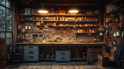 A rustic shoe repair stall with glowing tools and vibrant materials under a warm evening light