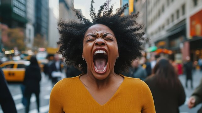 Woman expressing emotions with a loud scream in a busy city street during the day - Powered by Adobe