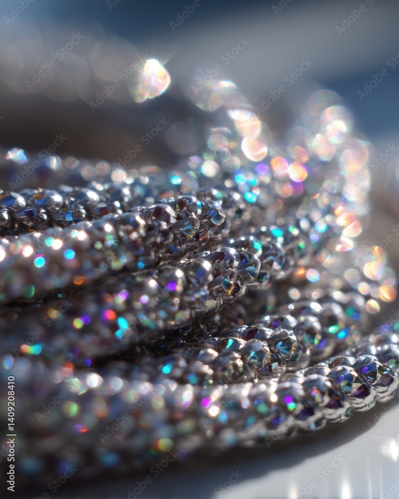 Poster sparkling silver beaded strands in sunlight create a dazzling and mesmerizing effect with bokeh back