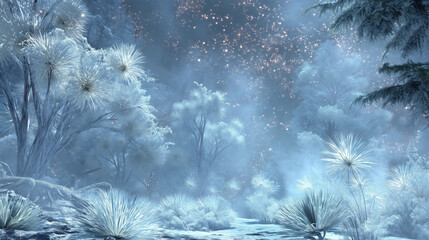 Icy fantasy landscape with frozen plants, tranquil atmosphere, and sparkling stars in the background