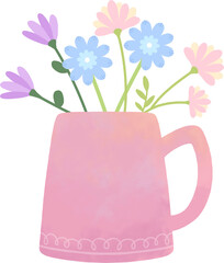 꽃다발,머그컵 장식,감성 일러스트,꽃 장식,화사한 느낌,인테리어 소품,수채화 스타일,봄 분위기,포근한 무드,귀여운 플랜테리어