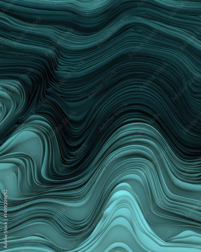 Poster Abstract teal waves creating a mesmerizing pattern with layered textures and flowing lines in a modern style