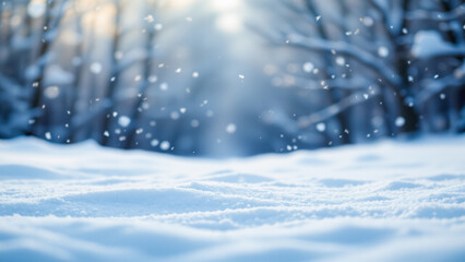 A serene winter scene bathed in cool, blue toned light. Snowflakes, out of focus, create a dreamlike bokeh effect
