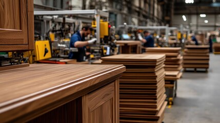 Naklejka premium Factory Workers Assembling Wooden Cabinets; Stacked Wood Panels in Background; Industrial Setting; Manufacturing Process