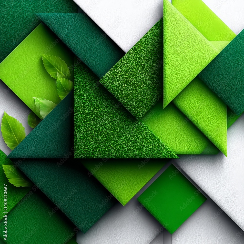 Poster abstract geometric pattern with textured green squares and fresh leaves, nature inspired design