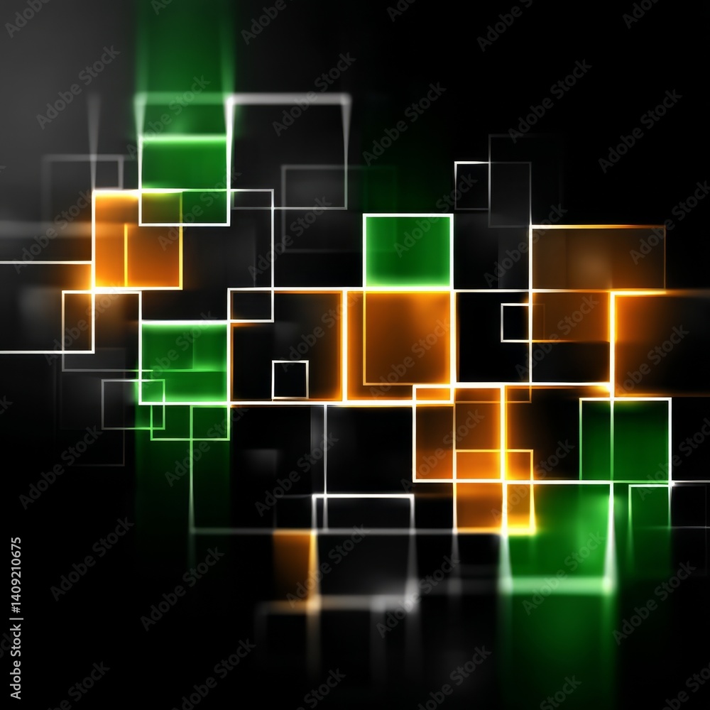 Poster abstract glowing rectangles in dark space - green and orange neon light squares modern background