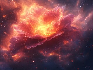Fototapeta premium Abstract image of a glowing flower-like nebula in space with red and yellow hues.