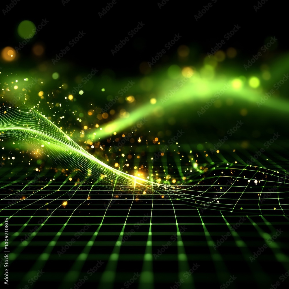 Aufkleber Abstract Green Grid with Glowing Particles: A Futuristic Visual of Data Flow and Energy