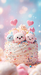 Cake with three smiling faces and three hearts on top