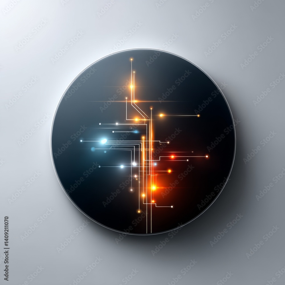 Fototapete abstract technological circuitry on a round surface, emitting glowing lights and connecting points o