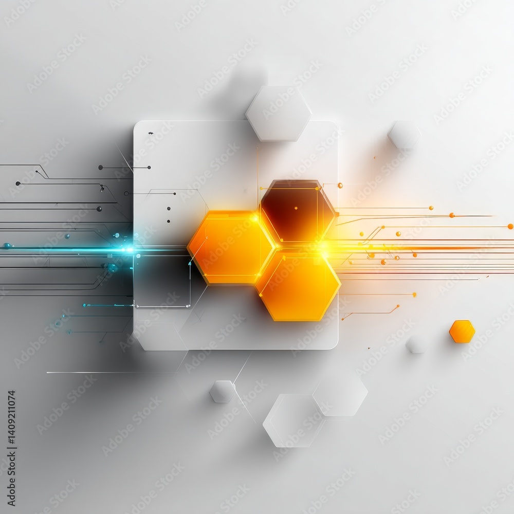 Aufkleber Abstract Technological Design with Hexagons and Glowing Lines, Modern Futuristic Artwork