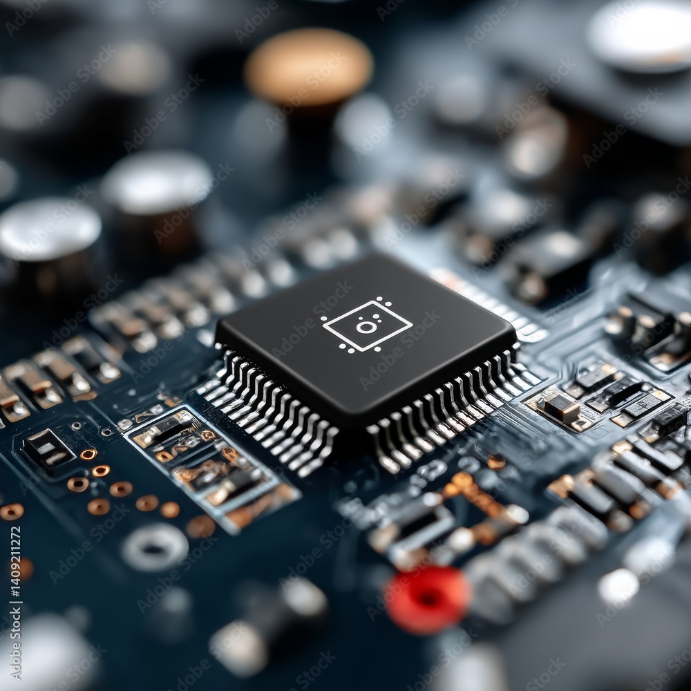 Poster a detailed macro shot of a black microchip with symbol on a dark blue motherboard surface, showing i