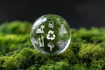 Crystal globe with circular economy icons on moss circular economy concept Increased energy consumption and CO2 emissions, sharing, reuse, improvement and recycling. Business and global sustainable