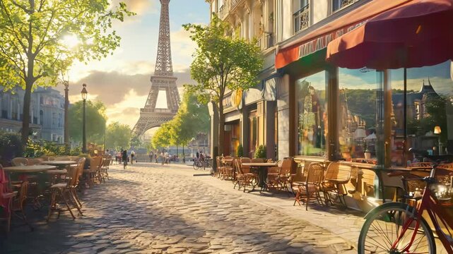 A painting of a Parisian street with a red awning over a cafe. There are several chairs and tables outside the cafe, and a bicycle is parked on the sidewalk. The scene is lively and bustling