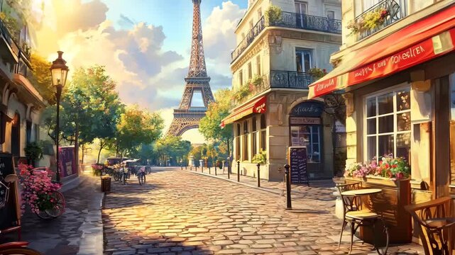 A painting of a Parisian street with a red awning over a cafe. There are several chairs and tables outside the cafe, and a bicycle is parked on the sidewalk. The scene is lively and bustling