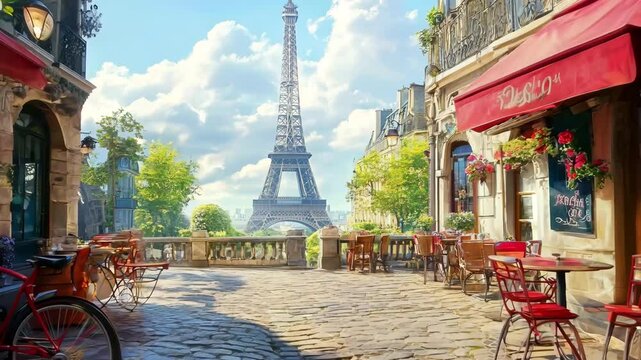 A painting of a Parisian street with a red awning over a cafe. There are several chairs and tables outside the cafe, and a bicycle is parked on the sidewalk. The scene is lively and bustling