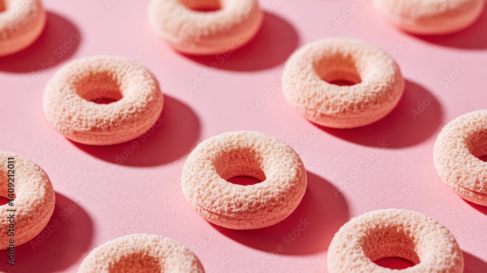 Poster delightful pastel pink donuts arranged on a matching backdrop creating a sweet and visually appealin