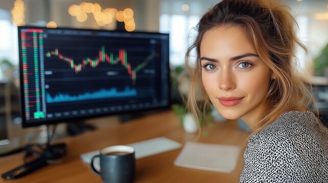 Female Freelancer Analyzing Stock Market Data on Laptop in Office – Professional Woman Engaged in Financial Investment and Automated Trading Strategies for Career Success