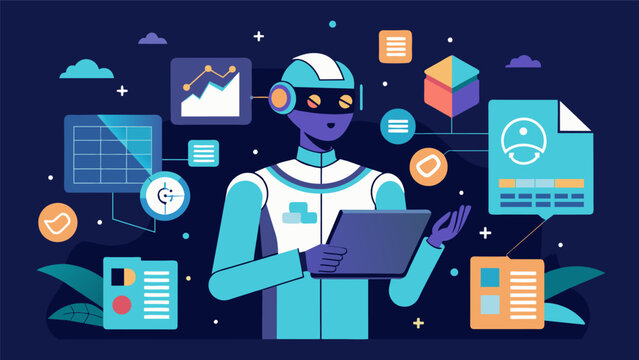 A virtual intelligence agent is able to autonomously sift through vast amounts of data to make informed decisions adapting and learning as new data becomes available.. Vector illustration
