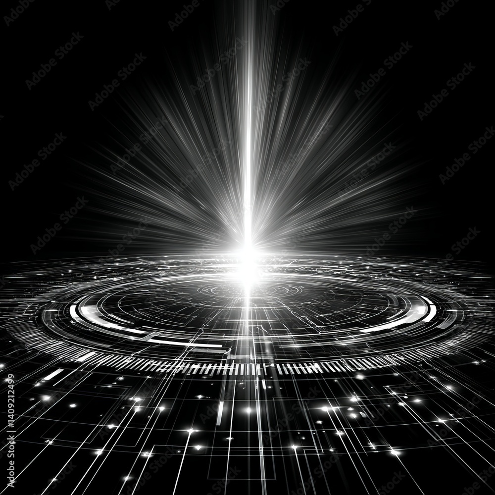 Poster futuristic energy: abstract black and white light beam with technological circuitry pattern and spar