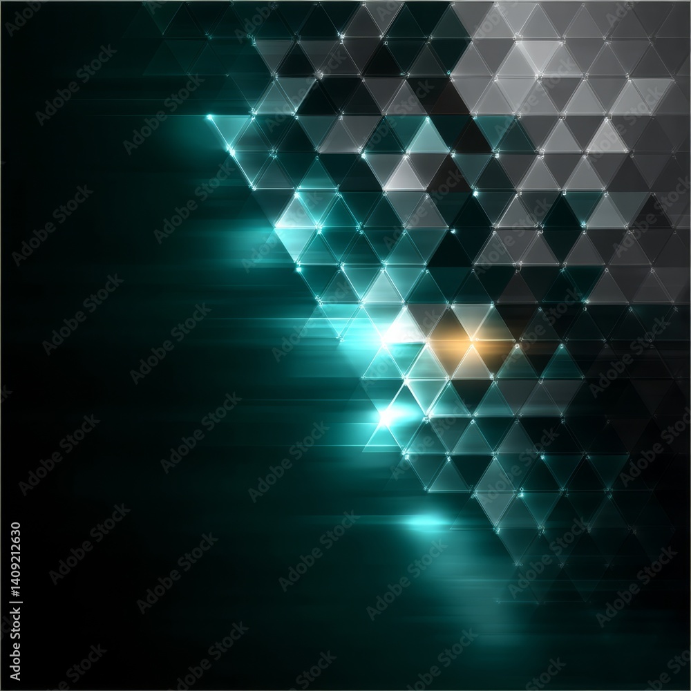 Poster Geometric Glow: Abstract Triangular Pattern with Dynamic Lighting and Modern Design Elements.