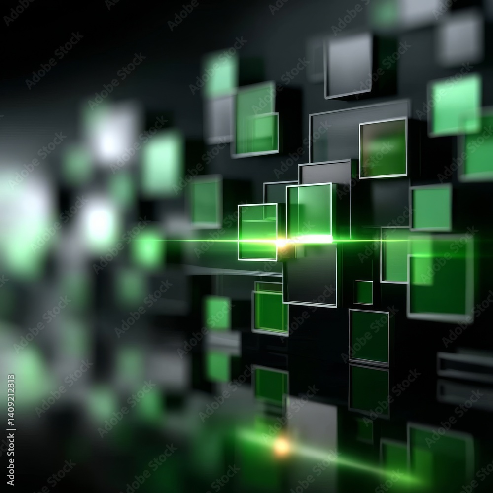 Aufkleber green and gray floating cubes with a central glowing beam - abstract technological background