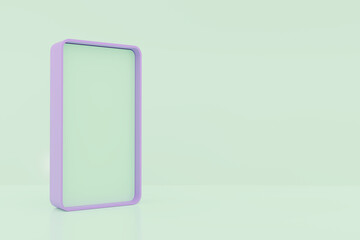 blank white box on blue. modern lavender smartphone on a soft mint green background. Ideal for UI/UX mockups, app presentation, digital marketing, tech product showcase designs. 3d render.