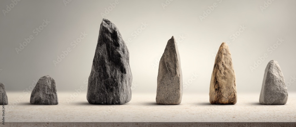 Poster standing stones in a row against a neutral background in a studio shot featuring rock texture and na