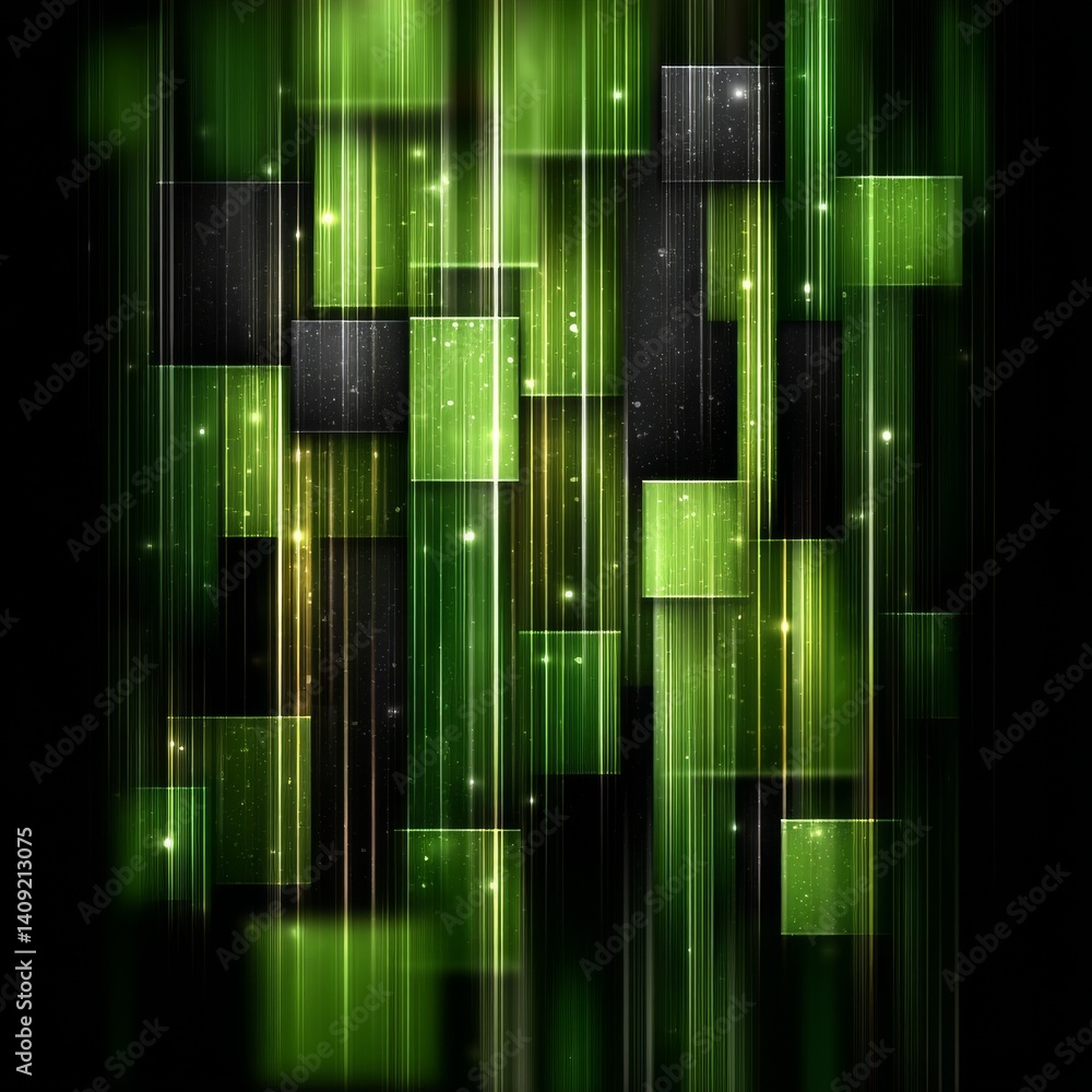 Poster green luminous abstract: an energetic composition of rectangular forms and striking light streaks ag