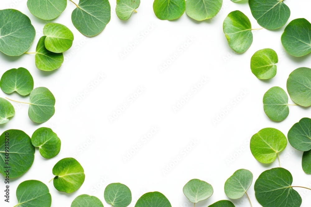 Poster fresh eucalyptus leaves arranged on a clean white background creating a natural frame for text or de